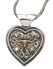 Load image into Gallery viewer, (MFW90480) Western Silver Heart Necklace with Gold Longhorn