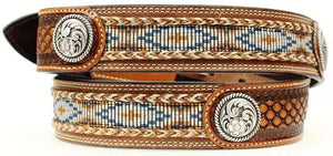 (MFWA1013248) Men's Western Natural Belt with Ribbon Overlay and Round Silver Conchos