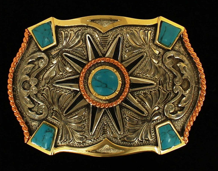 Western Rowel Silver & Gold Belt Buckle with Turquoise  display picture 1