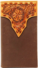 Load image into Gallery viewer, (MFWN5428508) Western Rodeo Wallet with Tan Tooled Top and Dark Brown Leather
