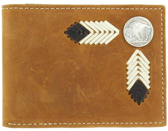 (MFWN5434444) Western Medium Brown Distressed Leather Bi-Fold Wallet with Buffalo Nickel Concho