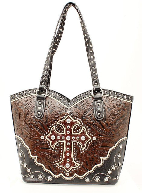 (MFWN75314107) Western Black & Brown Boot Top Bag with Cross by Nocona
