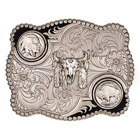 (MS3610-447M) Antiqued Buffalo Nickel Belt Buckle with Buffalo Skull