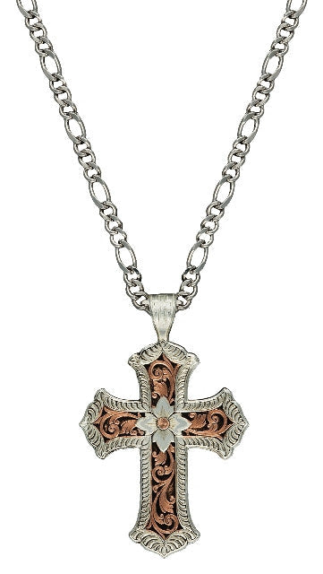 (MSNC1019RGRTS) Antiqued Rose Gold Scalloped Cross Necklace