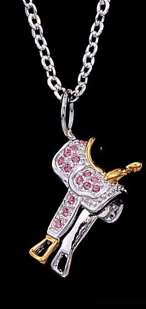 (MSNC931PK) Western Silver & Pink 3-D Saddle Necklace