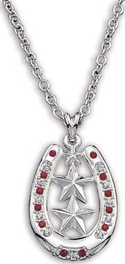 (MSNC999) Western Silver Horseshoe & Stars Necklace with Red Stones