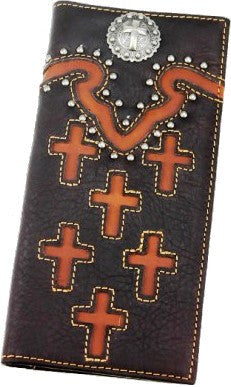 (MWCHW088073CF) Western Faux Leather Rodeo Wallet with Cross Concho - Coffee