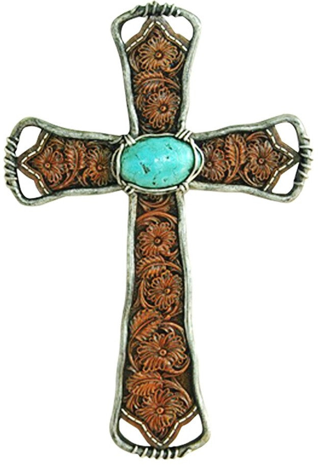 (MWRSD372) Western Tooled Wall Cross with Turquoise Stone