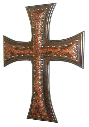 (NWC2) Western Brown Leather Cross on Espresso Wood Back