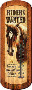 (RE1348) "Riders Wanted" Western Horse Tin Thermometer