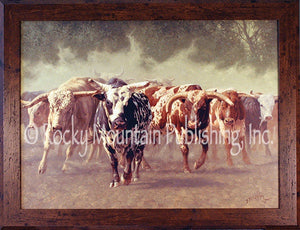 (RMP-GB2018E) "The Bulls Cometh" Western Framed Canvas Print