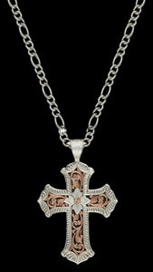 Antiqued Rose Gold & Silver Scalloped Cross Necklace