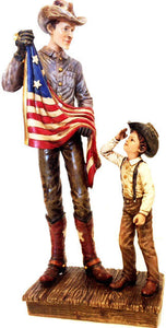 (RWRA1354) "Cowboy, Child & USA Flag" Western Sculpture
