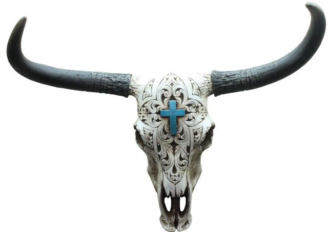 (RWRA6541) Western Cowskull Reproduction with Turquoise Cross