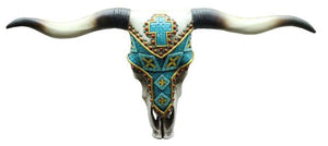 (RWRA6543) Western Steer Skull Wall Art with Turquoise Cross