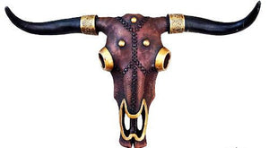 (RWRA6918) Western Leather Look Cowskull Plaque with Gold Accents