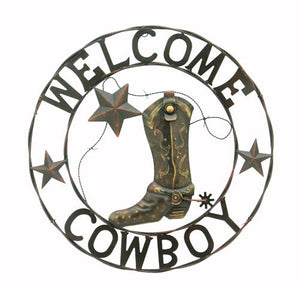(RWRT5040) "Welcome Cowboy" Western Metal Sign with Cowboy Boot - 22" Diameter