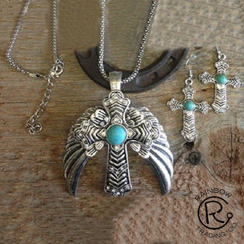 (RWSA12382) Western Silver & Turquoise Winged Cross Necklace and Earrings