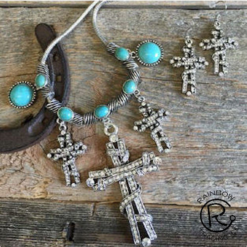 (RWSA12383) Western Silver & Turquoise Cross Necklace and Earrings