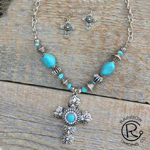 (RWSA12526) Western Silver & Turquoise Cross Necklace and Earrings