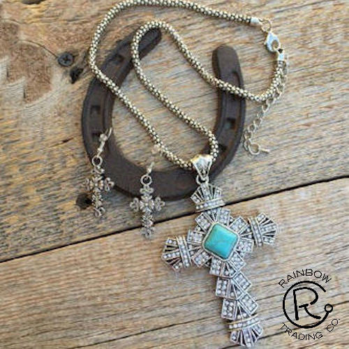 (RWSA15585) Western Silver & Turquoise Cross Necklace and Earrings