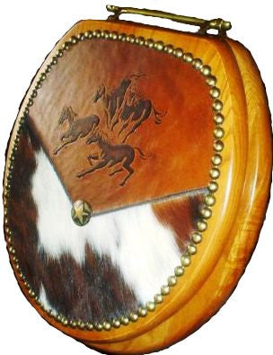 (SCS-RUNN20) Western Embossed Running Horses Leather & Cowhide Toilet Seat