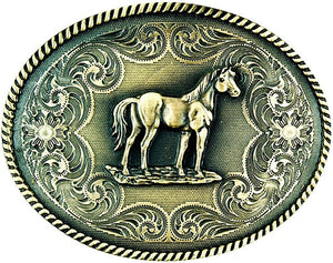 (TBB3200SH) Oval Brass Belt Buckle - Standing Horse