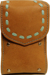 (TD0657051C) Western Light Tan Leather Cell Phone Holder with Green Weaving (For Flip Phones)