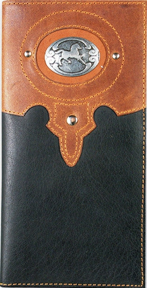 (TD0886137W9) Western 2-Toned Leather Rodeo Wallet/Checkbook Cover with Running Horse Concho by Western Trenditions