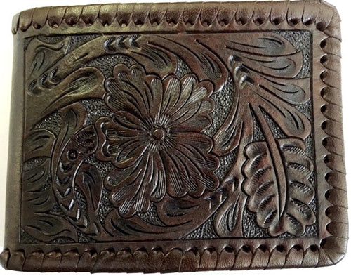 (WFAC1102) Western Floral Brown Tooled Leather Money Clip