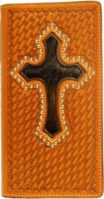 (WFAC274) Western Tan Leather Basketweave Wallet/Checkbook Cover with Hair-On Cross