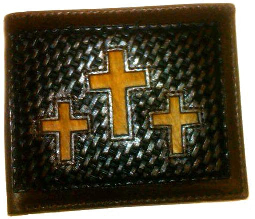 (WFAC792B) Western Leather Bifold Wallet with Hair-On Inlaid Crosses