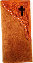 Load image into Gallery viewer, (WFAC824) Western Natural Tooled Rodeo Wallet with Hair-On Inlaid Cross