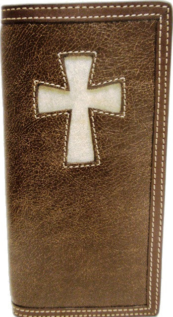 (WFAC842) Western Crinkled Dark Brown Leather Rodeo Wallet with Rawhide Cross Inlay