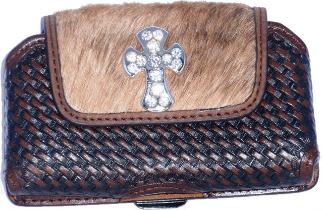 (WFAPC782KCC) Western Leather/Hair-On Basketweave Cell Phone Holder for iPhone4 & Blackberry with Cross