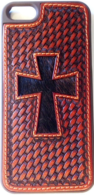 (WFAPH31) Western Basketweave Snap Case with Hair-On Cross for iPhone 5