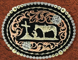 (WFATBB2000CC) "Praying Cowboy" Western Tri-Color Belt Buckle