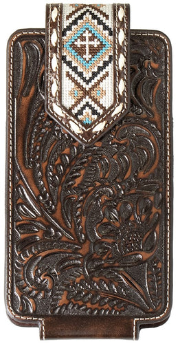 Western Embossed Cross Embroidered Brown Leather Cell Phone Case