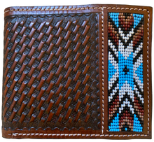 Load image into Gallery viewer, Twisted X Brown Basketweave Bi-Fold Wallet with Blue &amp; White Beading