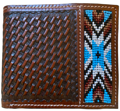 Twisted X Brown Basketweave Bi-Fold Wallet with Blue & White Beading