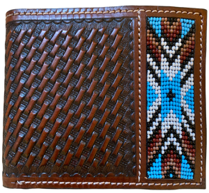 Twisted X Brown Basketweave Bi-Fold Wallet with Blue & White Beading