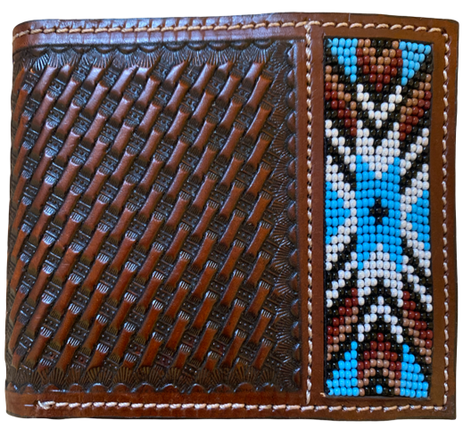 Twisted X Brown Basketweave Bi-Fold Wallet with Blue & White Beading