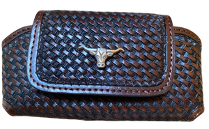 Western Brown Basketweave Cell Phone Holder with Longhorn Concho for Phones up to 5-1/4" Tall