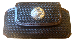 Western Brown Basketweave Cell Phone Holder with Longhorn Concho for Phones up to 5-1/4" Tall