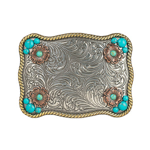 Ladies' Rectangular Buckle with Flower Accents & Turquoise Stones