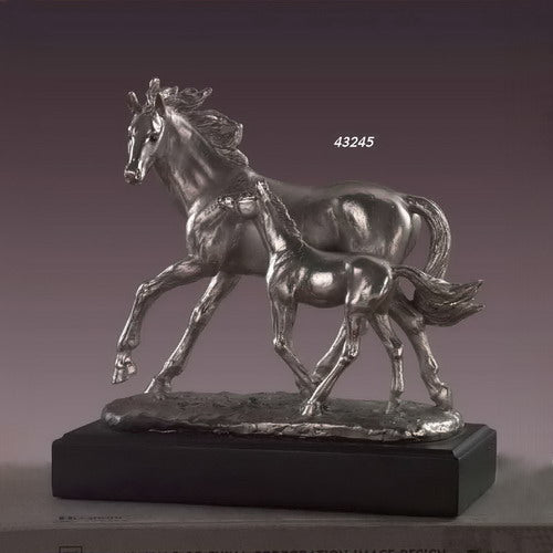 Western Mare & Foal Sculpture Pewter Plated - 10