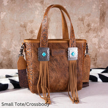 Load image into Gallery viewer, Wrangler Hair-On Cowhide Vintage Floral Concealed Carry Tote/Crossbody - Brown