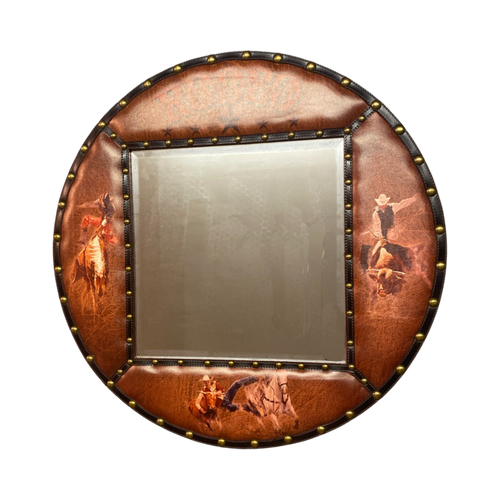 Western Large Round Faux Leather Mirror - 31.5