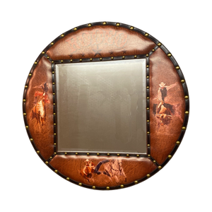 Western Large Round Faux Leather Mirror - 31.5" Diameter