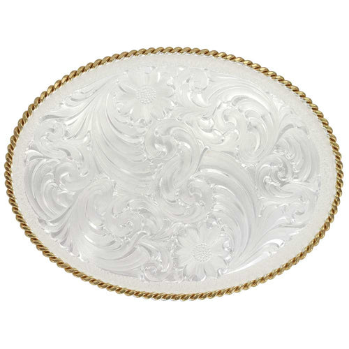 Silver Engraved Western Belt Buckle with Gold Roped Trim